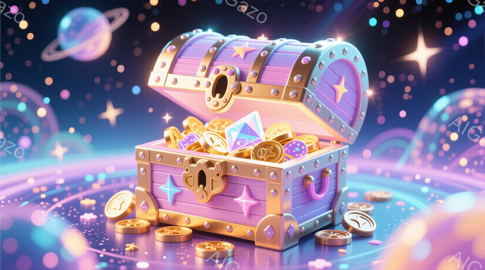 鮮やかな紫色の宝箱が開いており、中には金色のコインや青い宝石、星形のクリスタルが輝いている。背景は星空と惑星で彩られ、ファンタジーの世界観を強調している。宝箱の周りには、同様の金貨や宝石が散らばっており、夢のような雰囲気を醸し出している。
