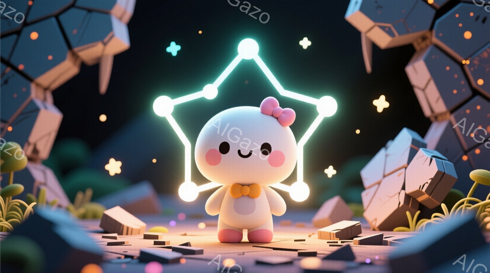 白くて丸いキャラクターが、ピンクの小さなリボンとオレンジ色の蝶結びをつけて立っています。背景には、独特な形の建造物や植物があり、星のような光の線がキャラクターを取り囲んでいます。全体的に、夢のような幻想的な雰囲気で、夜空を背景にした可愛らしいシーンです。