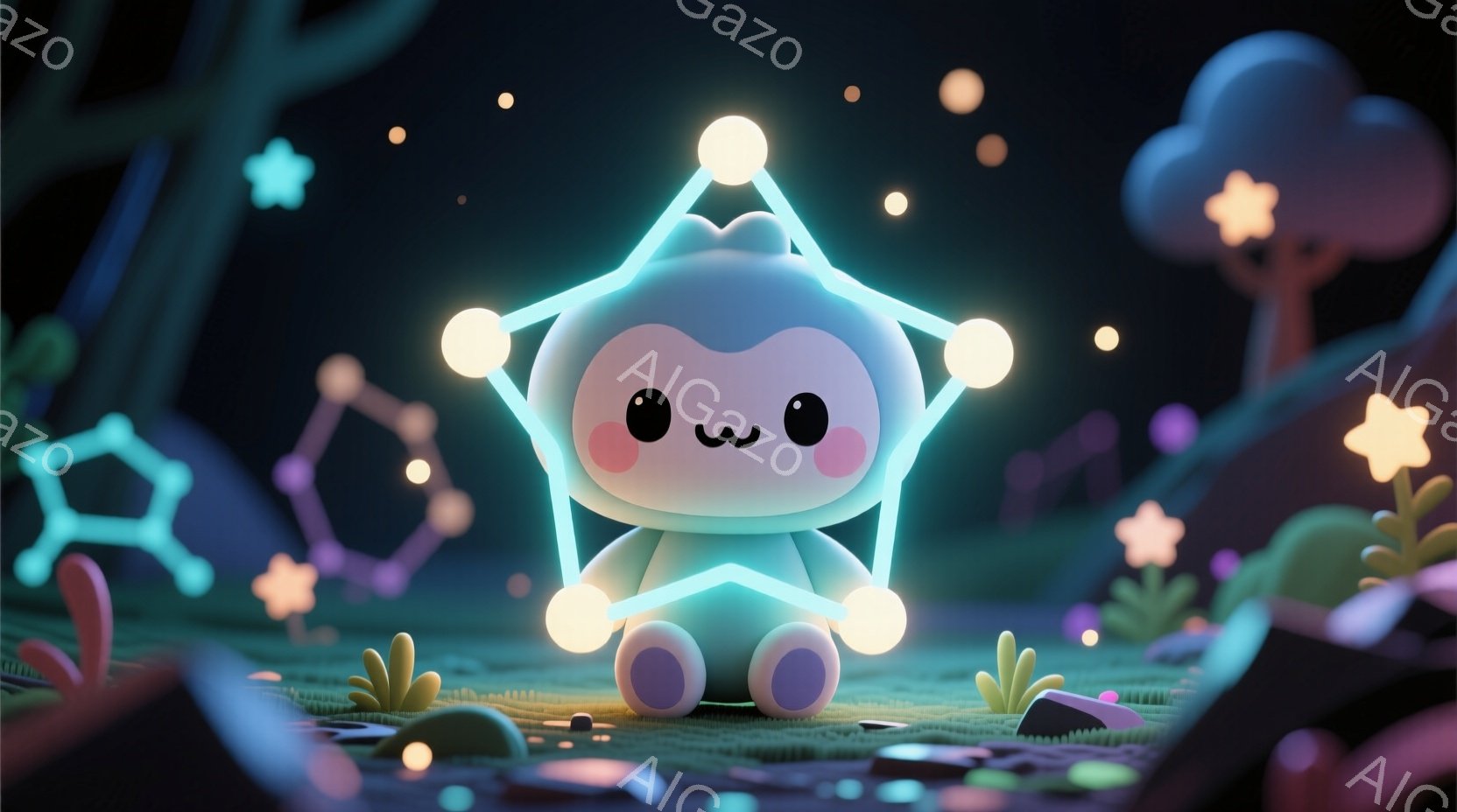 柔らかい光を放つ、星のような形をしたかわいらしいキャラクターが描かれています。紫色の服を着ており、つぶらな瞳と微笑みが愛らしい表情をしています。背景には、同じように光る植物や星が散りばめられたファンタ - AI生成フリー素材