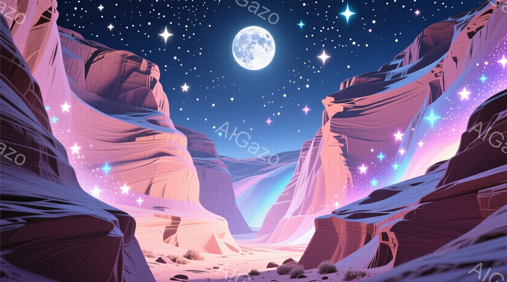 荒涼とした峡谷が広がり、空には満月が輝いている。峡谷の壁は赤や紫のグラデーションで彩られ、無数の星が散りばめられた夜空が幻想的な雰囲気を醸し出している。地面には岩が点在し、全体的に神秘的で静寂に包まれ - AI生成フリー素材
