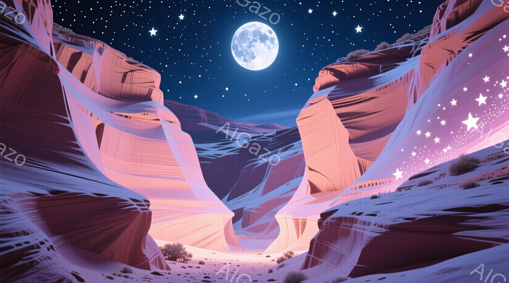 深い赤と紫色の峡谷が月の光と星空の下に広がっている。峡谷の壁は滑らかで曲線的であり、その地形はまるで彫刻のように美しい。夜空には多くの星が輝き、幻想的で神秘的な雰囲気を醸し出している。