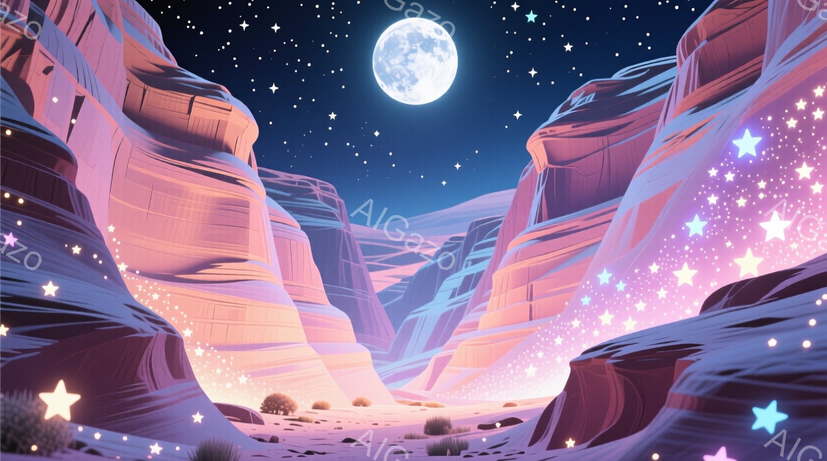 広大な峡谷が月の光と星空の下に広がっている。ピンクと紫がかった岩肌が幻想的な雰囲気を醸し出し、地面には小さな植物が点在している。全体的に穏やかで神秘的な夜の情景が描かれている。 - AI生成フリー素材