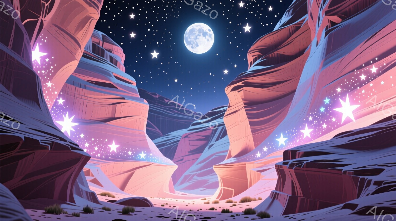 鮮やかなピンクと紫色の光に照らされた、壮大な峡谷が印象的な画像です。夜空には満月が輝き、無数の星と光る星屑が峡谷全体を幻想的に彩っています。峡谷の岩肌は独特の形状をしており、月光と星屑の反射によって、 - AI生成フリー素材