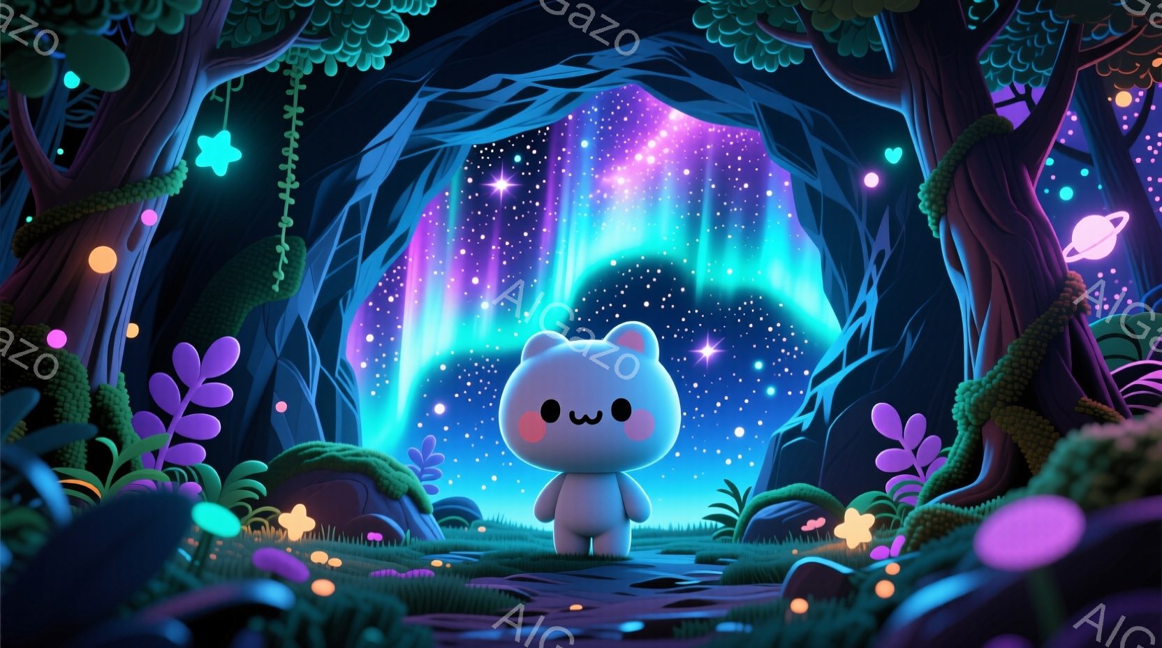 可愛らしいクマのキャラクターが、紫と緑の幻想的な森の中で立っている。キャラクターは白い服を着ており、つぶらな瞳と控えめな笑顔が印象的だ。背景には、明るい光を放つ植物や、オーロラのような光、遠くに見える - AI生成フリー素材