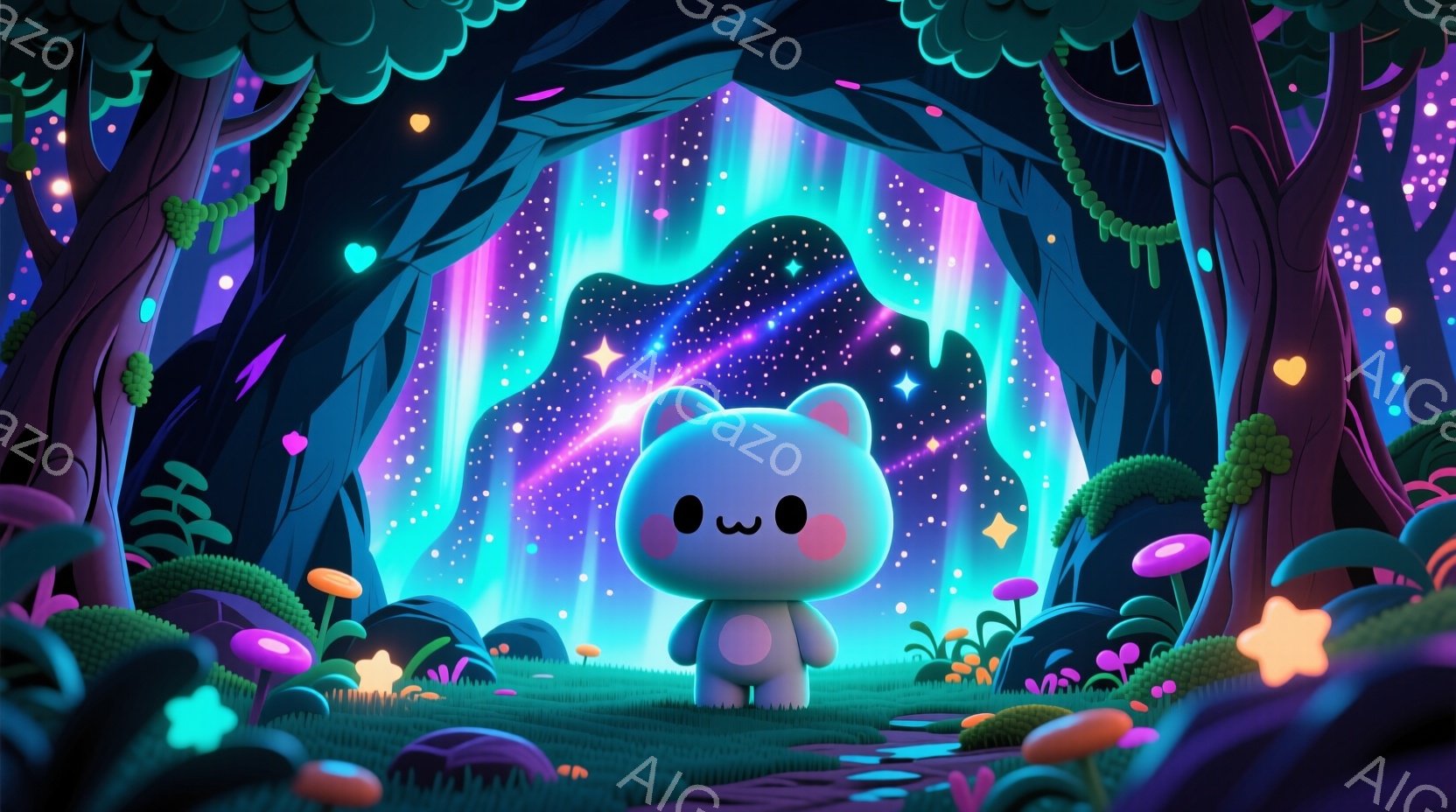 白くふわふわした小さな生き物が、緑色の草むらの真ん中に立っている。大きな黒い瞳と赤い頬を持ち、少し恥ずかしそうな表情をしている。背景にはカラフルなキノコや奇妙な形の木々が生い茂り、夜空にはオーロラのように輝く星屑が散りばめられている。