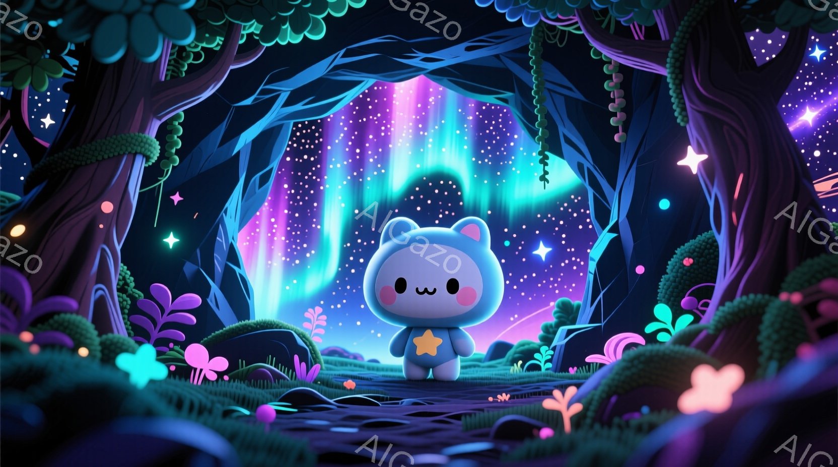 ふわふわとした水色のクマのキャラクターが、星の飾りをつけた青いパジャマを着て、緑の草の上に立っています。背景には、紫とピンクの光が差し込む幻想的な森が広がり、植物や木々が独特の色合いで表現されています - AI生成フリー素材