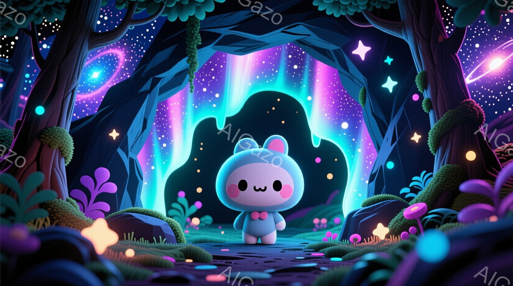 かわいらしいウサギのキャラクターが、幻想的な森の中で立っている様子を描いています。ウサギはピンクの服を着ており、つぶらな瞳と控えめな笑顔が特徴です。背景には、紫と緑の光が差し込む木々や、さまざまな色の - AI生成フリー素材