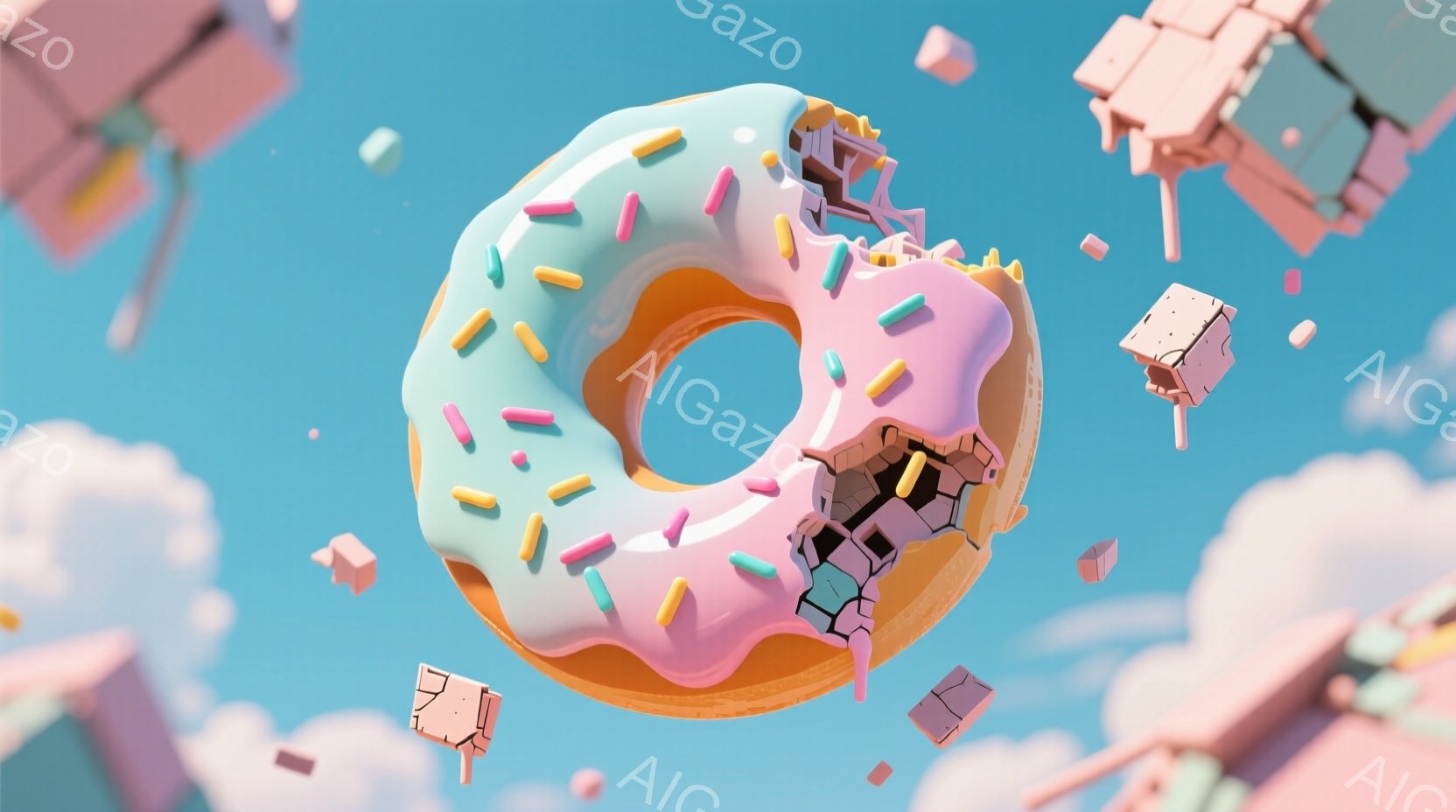 空を背景に、ピンク色のアイシングがかかったドーナツが浮遊している様子が描かれています。ドーナツの一部は割れており、内部のオレンジ色の生地が見えています。背景には、立方体のようなオブジェクトや、ぼやけた雲のようなものが散りばめられており、夢のような、遊び心のある雰囲気を醸し出しています。