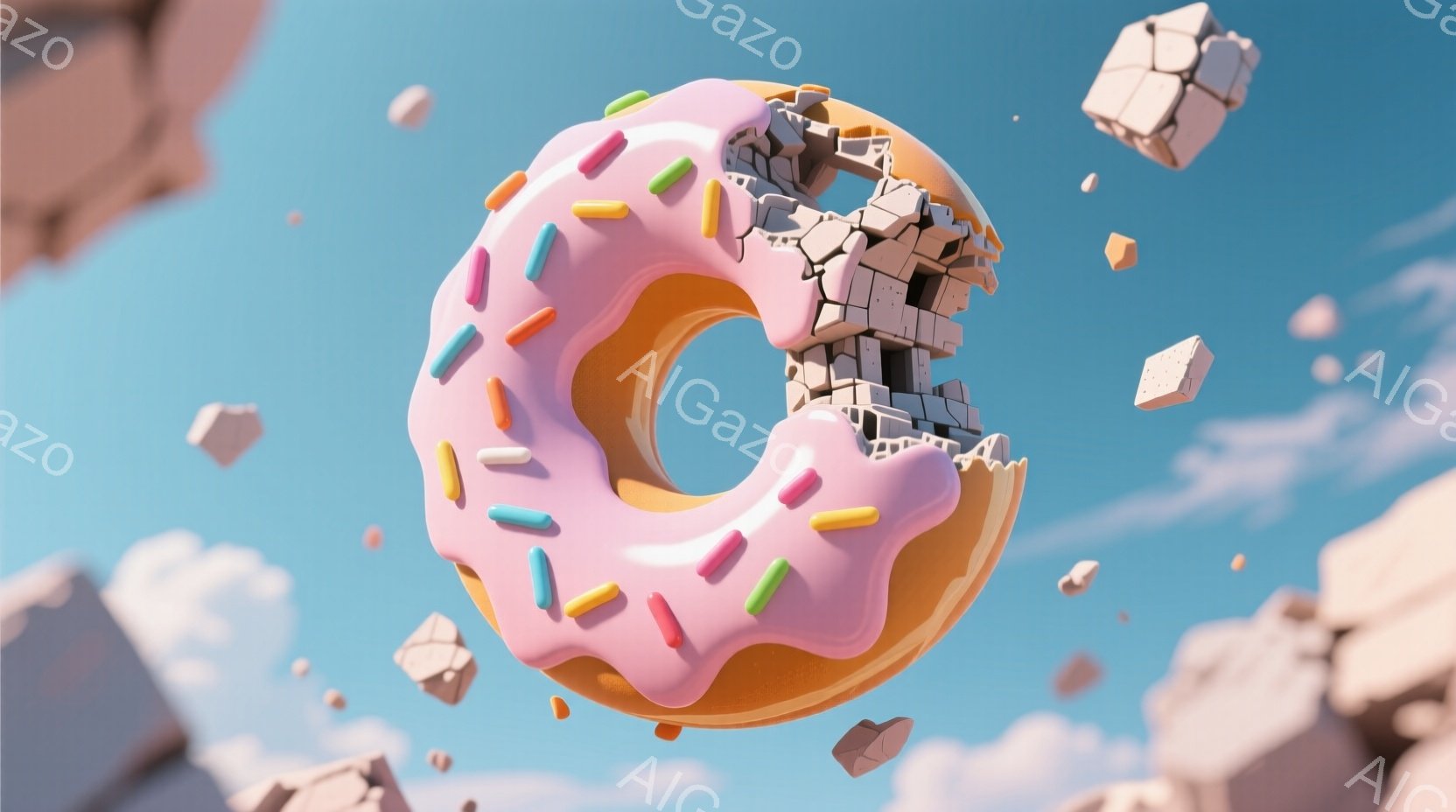 ピンク色のアイシングがかかったドーナツが、青い空を背景に宙に浮いています。ドーナツの一部は石のような破片に崩れ落ちており、まるで破壊と甘さが共存する奇妙な光景です。背景には、同じ石の破片が散らばり、幻想的な雰囲気を醸し出しています。