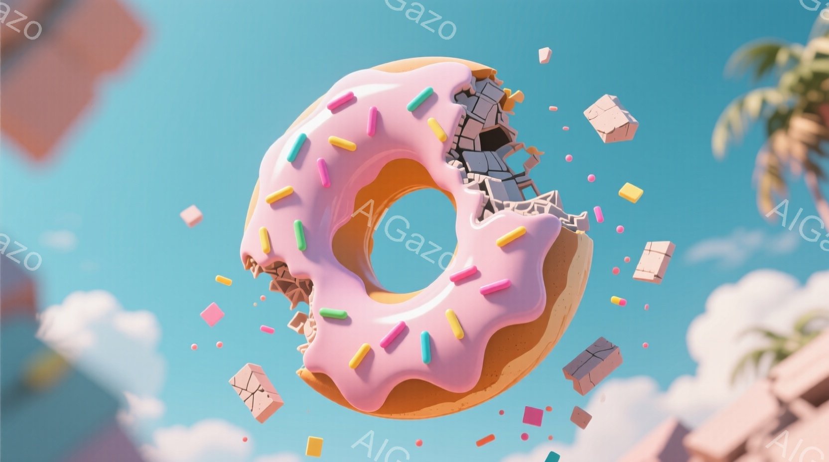 明るいピンク色のアイシングがかかったドーナツが、空中で崩壊しつつあります。周囲には、カラフルな立方体の破片が舞い散り、背景にはパステルカラーの雲と、わずかに見えるヤシの木の葉が見えます。全体的に、ポップで遊び心のある、夢のような雰囲気が漂っています。
