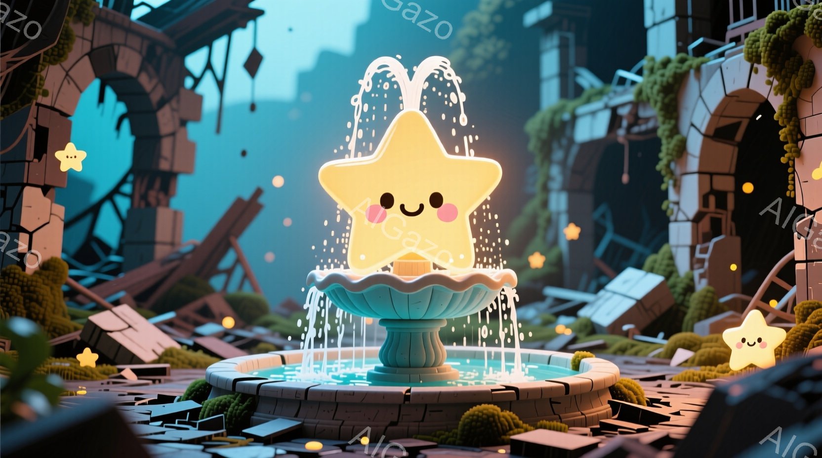 壊れた石造りの建造物が立ち並ぶ廃墟のような背景に、星型の水が噴き出す可愛らしい噴水が描かれています。噴水は水色の台座の上にあり、周囲には緑色の小さな塊が点在し、まるで苔のような雰囲気です。全体的に、ファンタジー世界のどこかの、少し寂しげで可愛らしい光景が表現されています。