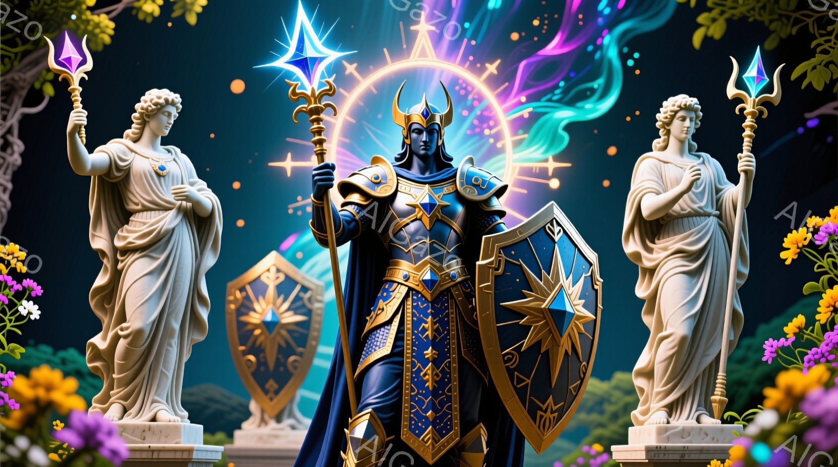 漆黒の鎧を身に纏った男性が中央に立っており、精巧な装飾が施された盾を構えています。彼の背後には、光り輝く円環と、まるで流れ星のような光の筋が広がっています。左右には、白大理石で作られた女神像が立ち、背景には鮮やかな花々が咲き乱れる幻想的な庭園が広がっています。