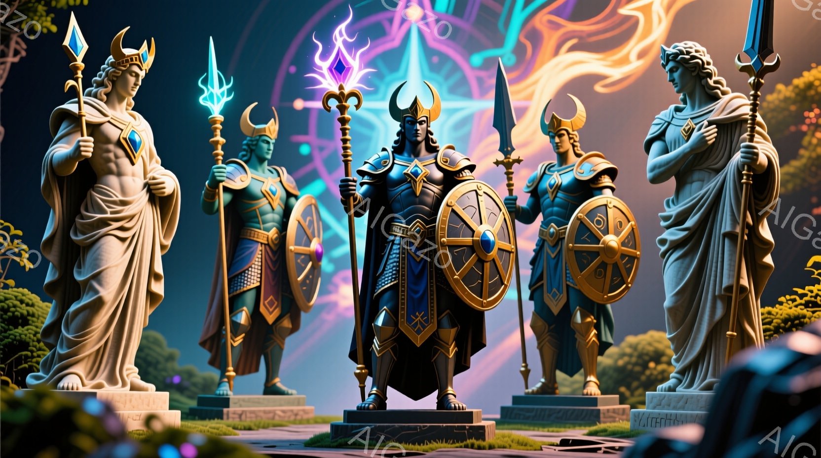中央に立つ鎧を身につけた男性を中心に、左右に彫像が配置された構図です。鎧を着た男性は、青い光を放つ杖を持ち、力強い表情で正面を見据えています。背景には、チェック柄の地面と緑豊かな自然が広がり、空には虹色の光の環が浮かび、神秘的な雰囲気を醸し出しています。
