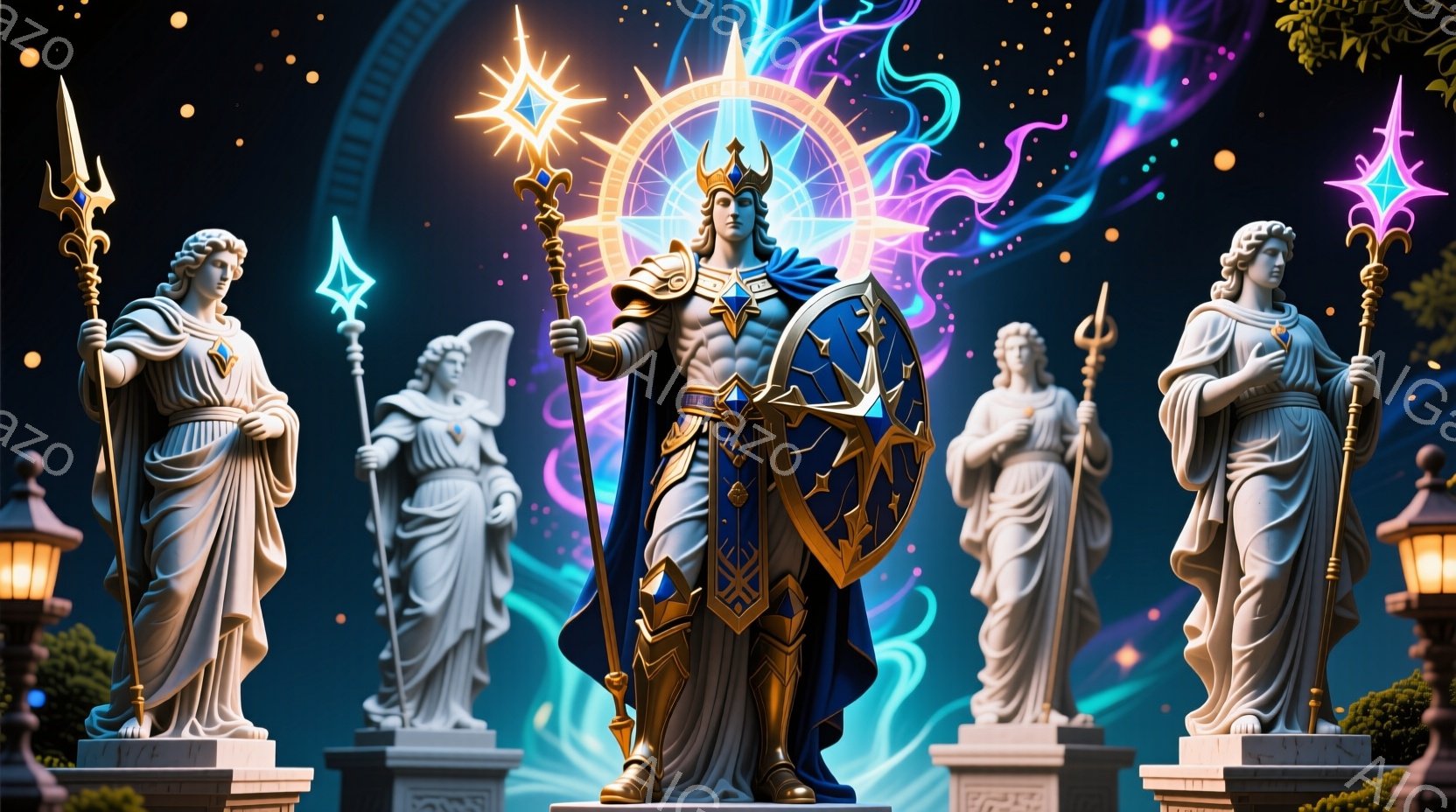 画面中央には、青い鎧を身につけた、金髪でたくましい男性が立っている。彼は盾と槍を持っており、自信に満ちた表情で正面を見据えている。背景には、４体の白い彫像が配置され、夜空に広がる青と紫の光の渦が神秘的な雰囲気を醸し出している。