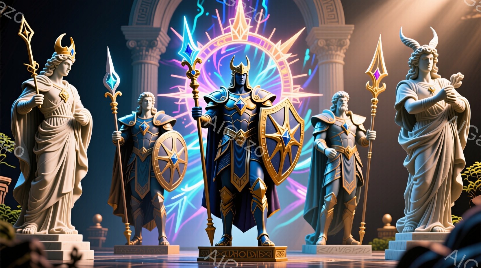 荘厳な石造りの建物の前に、鎧を身に着けた男性が立っている。彼は金色の装飾が施された青い鎧を着ており、複雑な模様の盾と笏を持っている。背景には、それぞれが笏を持って立っている石像が配置されており、荘厳で神聖な雰囲気を醸し出している。