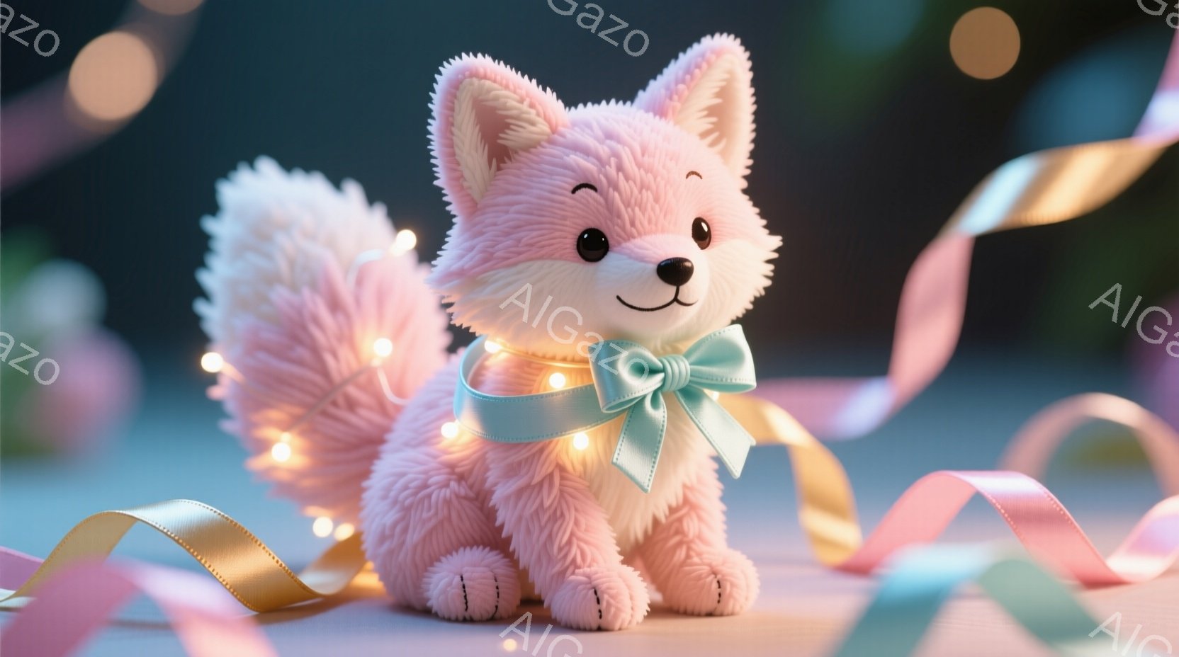 ふわふわのピンク色の犬が、ターコイズブルーのリボンを首に巻いて座っています。背景には、金色のリボンや光る電球が散りばめられ、お祝いのような華やかな雰囲気です。犬は愛らしい表情で、全体的に暖かく優しい印 - AI生成フリー素材