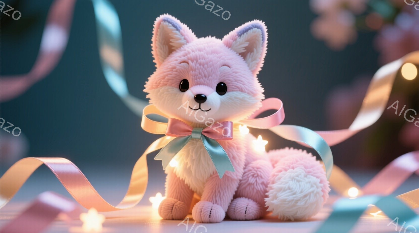 ふわふわのピンク色のキツネのぬいぐるみは、首に水色のリボンをつけて座っています。周りには、ピンクと水色のリボンや、ぼんやりとした光を放つ星形のライトが散りばめられています。全体的に柔らかく、暖かく、お - AI生成フリー素材