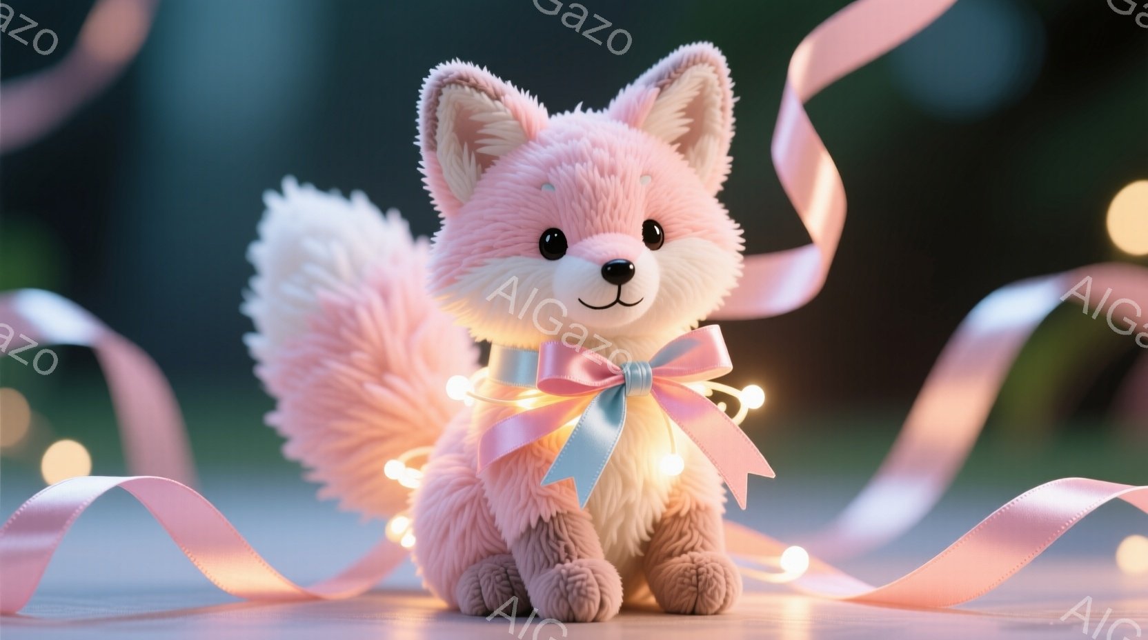 淡いピンク色のふわふわした犬のぬいぐるみが、白いテーブルの上に座っています。首には、水色のリボンが付いたピンクのリボンが結ばれており、周りにはピンクのリボンと温かい光を放つ小さな電球が散らばっています - AI生成フリー素材