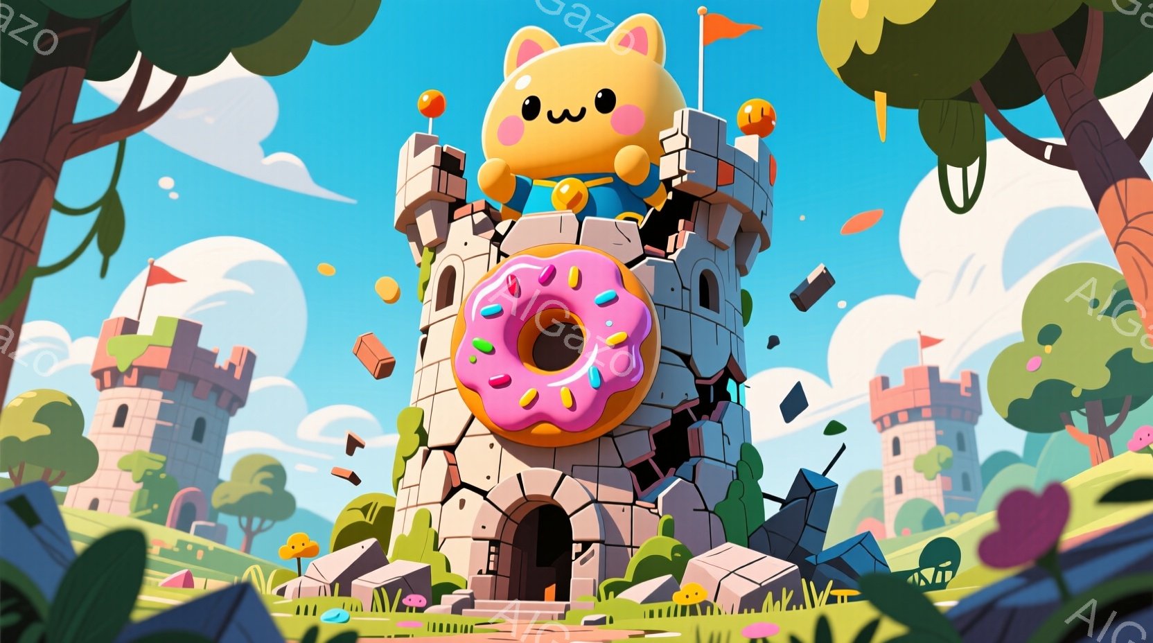 灰色の石造りの城壁の上に、大きなピンク色のアイシングがかかったドーナツが載っています。ドーナツは可愛らしい顔をしており、周囲には黄色いお菓子が浮かんでいます。背景には緑の丘、他の城、そして青い空が広が - AI生成フリー素材