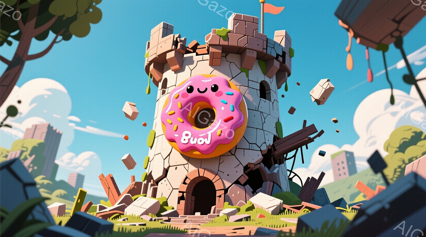 崩れかけた塔に大きなドーナツが取り付けられた奇妙な光景が描かれています。背景には瓦礫と崩れた建物、そして緑豊かな植物が広がり、空は晴れて穏やかな青色です。全体的に、どこかユーモラスでファンタジックな雰囲気が漂っています。