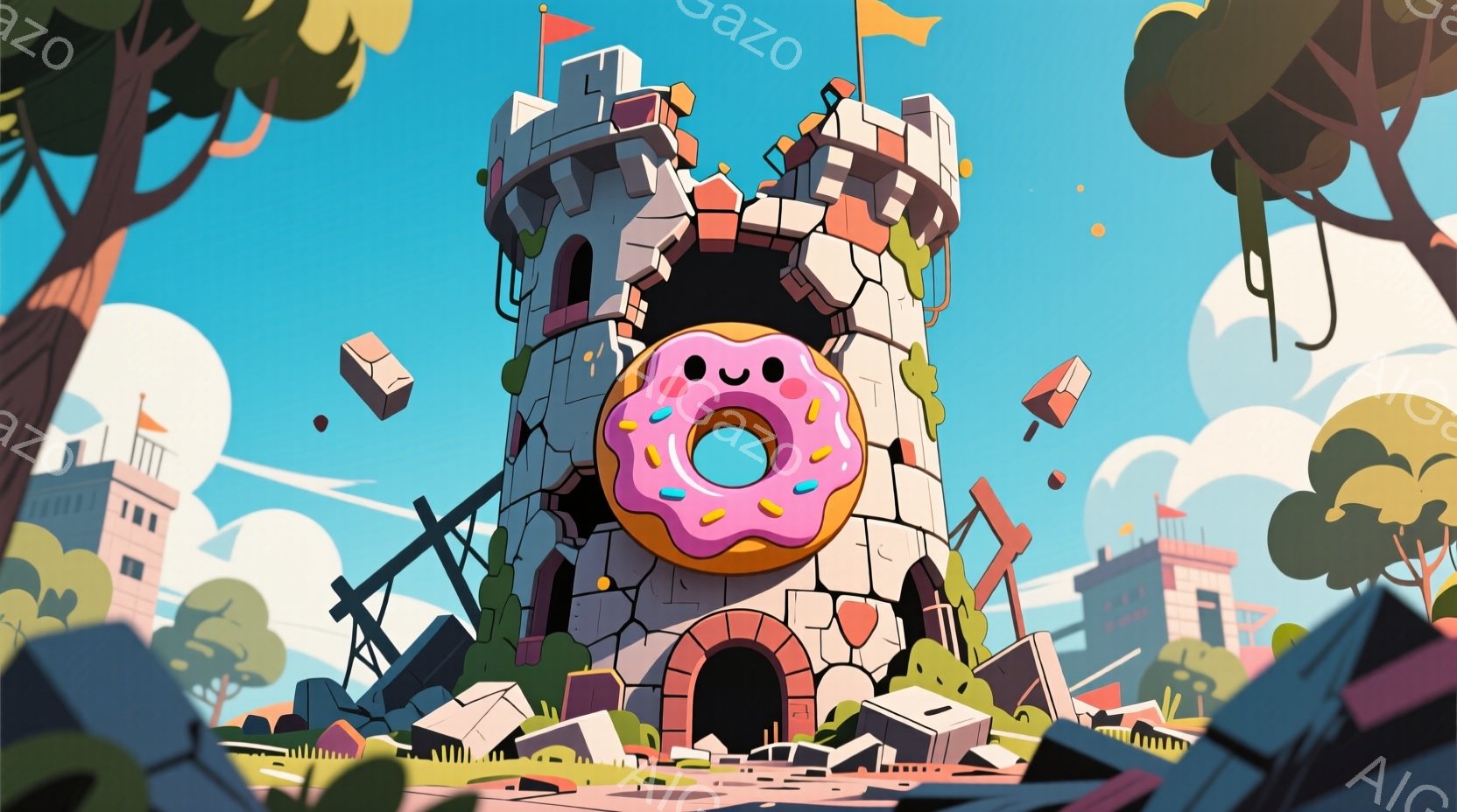 ピンクのアイシングとカラフルなスプリンクルが施されたドーナツが組み込まれた、崩れかけた灰色の石造りの塔を描いています。背景には、シンプルなデザインの建物や緑の植物が見え、空は晴れで明るいです。全体的に、おとぎ話のような、遊び心のある雰囲気です。