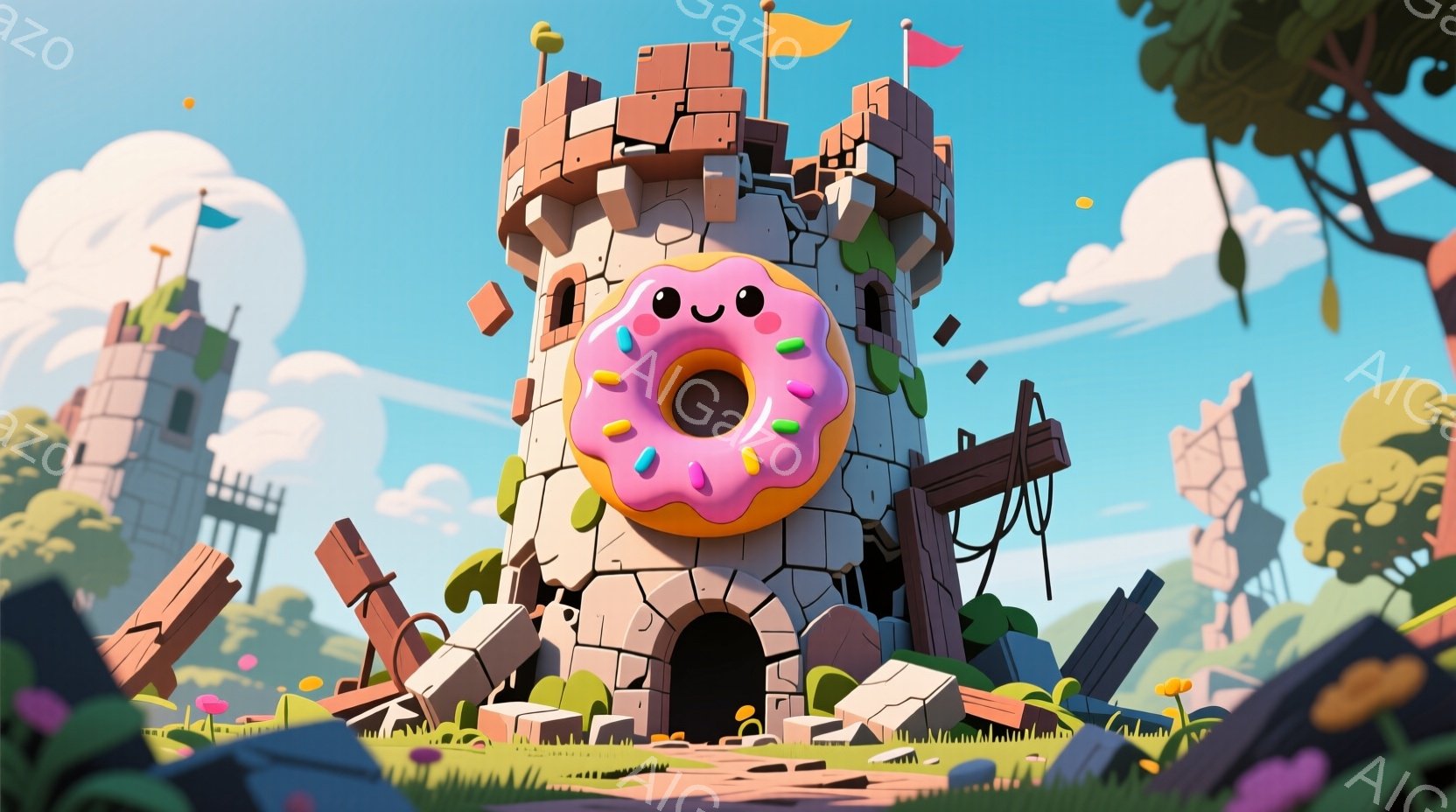 灰色の石造りの塔が風景の中に建っており、その正面には大きなピンク色のアイシングをかけたドーナツが取り付けられています。背景には緑の丘、小さな木々、遠くに見える他の崩れた塔が見られ、空は青く、明るい雲が浮かんでいます。全体的に、遊び心があり、夢のような雰囲気で、どこかユーモラスな光景です。