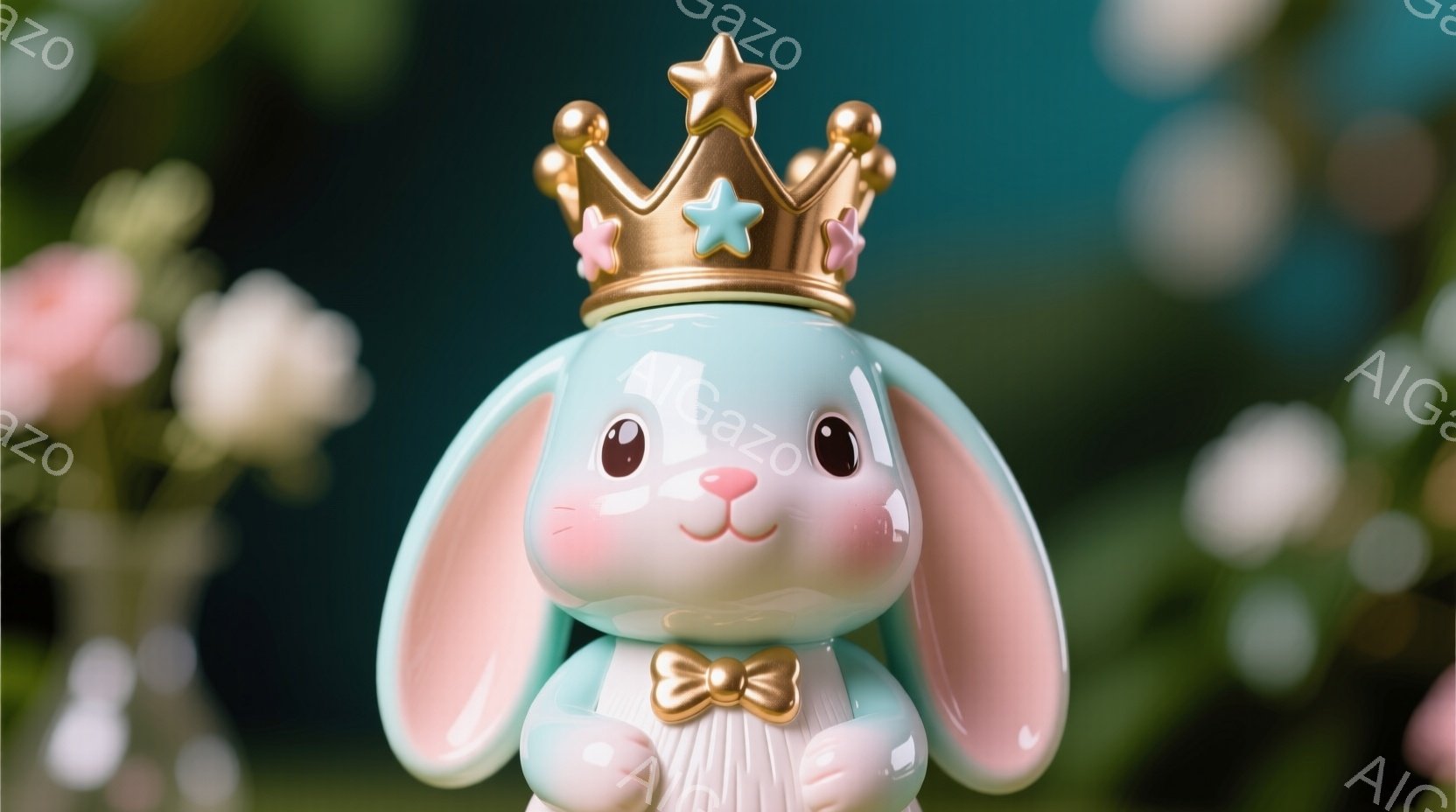 パステルブルーのウサギの置物が、ピンクがかったクリーム色の耳と足を持つ姿が描かれています。ウサギは金色の王冠と蝶ネクタイをつけており、つぶらな瞳と可愛らしい表情で、まるで人形のような愛らしさを醸し出しています。背景には、ぼやけたピンク色の花々が咲き乱れ、柔らかく夢幻的な雰囲気を演出しています。