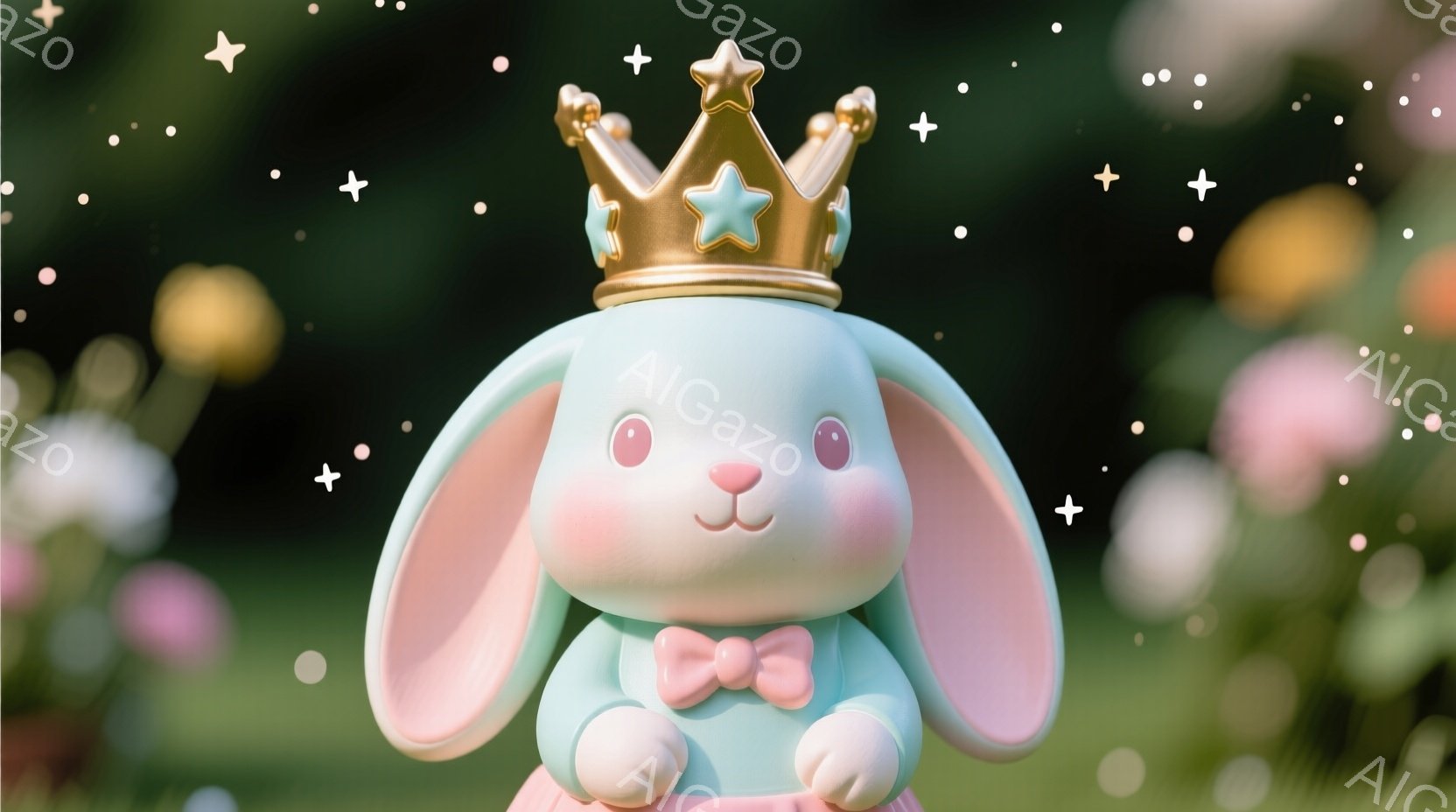 明るい青色のウサギの人形が、ピンク色のリボンと、金色の王冠をつけて立っています。人形は丸い頬と可愛らしい表情をしており、背景にはぼやけたピンクと黄色の花々が咲き乱れています。全体的に柔らかく、夢のよう - AI生成フリー素材