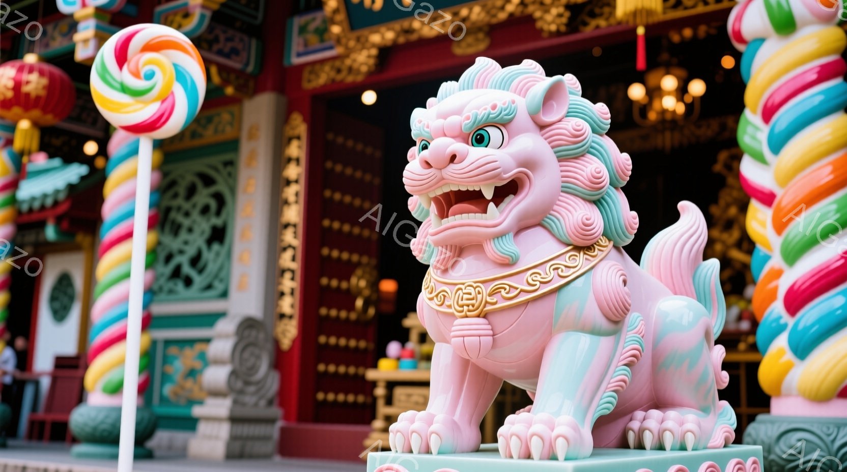 明るいピンク色の獅子像が、赤い柱と緑色の装飾が印象的な寺院の前に置かれています。獅子像は伏せた姿勢で、力強い爪と少し笑みを浮かべた表情が特徴的です。背景にはカラフルなキャンディのような模様の柱が立ち並び、お祭りや縁日の賑やかな雰囲気を醸し出しています。