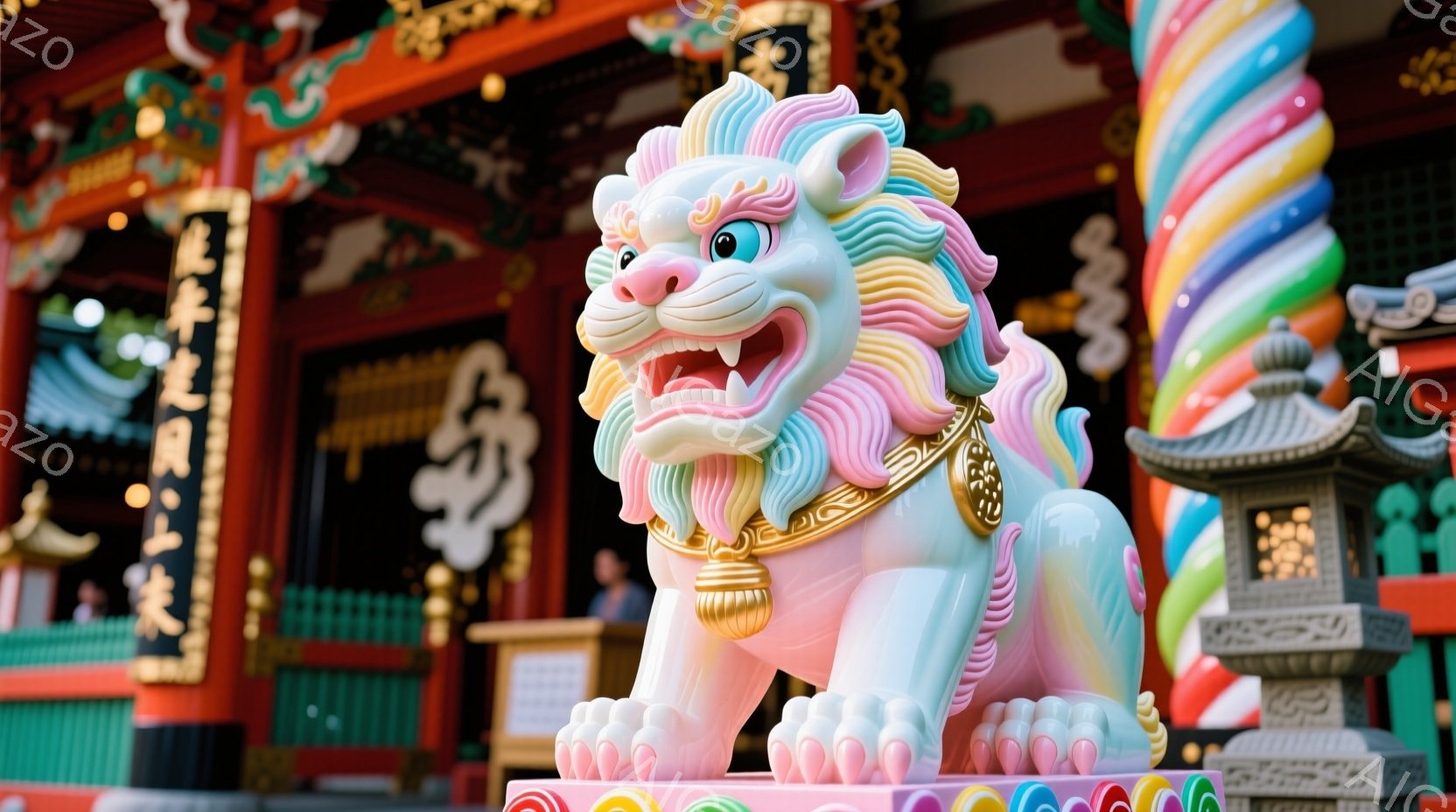 日本の神社のような場所を示しており、中央には大きなライオン像があります。ライオンは派手な色で装飾されており、金属製の首輪を着けています。 背景には伝統的な建物が見え、神社のような雰囲気が感じられます。人物は表示されていません。