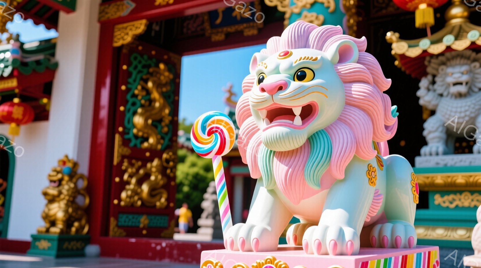 鮮やかな色彩の獅子像が、キャンディのような渦巻き模様の棒を持っています。背景には、赤い装飾が施された金色の彫刻が施された建物があり、青空の下、華やかな祭りのような雰囲気を醸し出しています。獅子像は、楽しげな表情で、まるで遊園地の一角のような陽気な光景です。