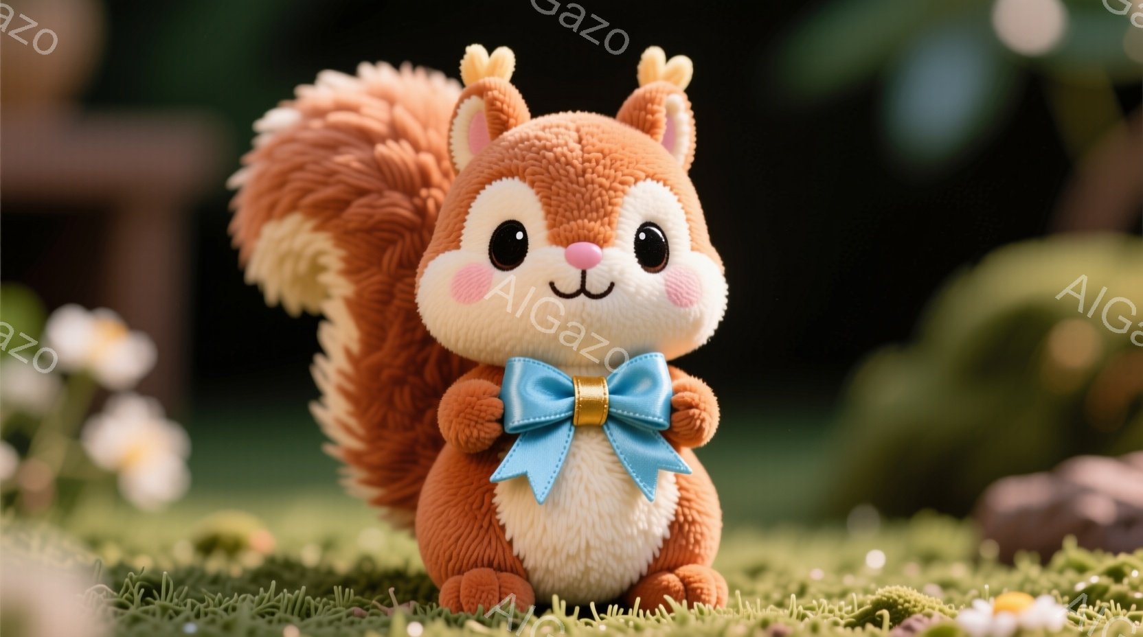 ふわふわの茶色のリスが、青いリボンを首に巻いています。丸い頬はピンク色で、愛らしい表情をしています。背景は緑の草とぼやけた自然で、穏やかで優しい雰囲気です。 - AI生成フリー素材