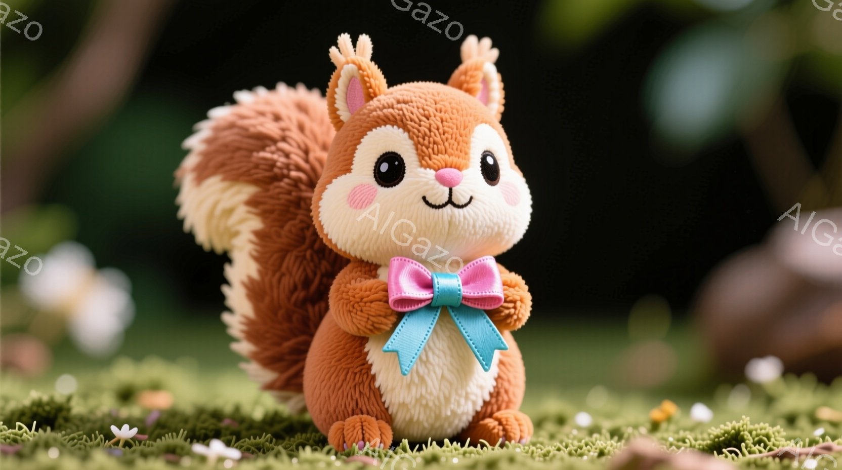 これは、ふわふわとした茶色のリスのぬいぐるみです。首には、ピンクと水色のリボンが結ばれており、可愛らしい表情をしています。背景は緑色の草むらと、ぼやけた植物で、春のような穏やかな雰囲気です。