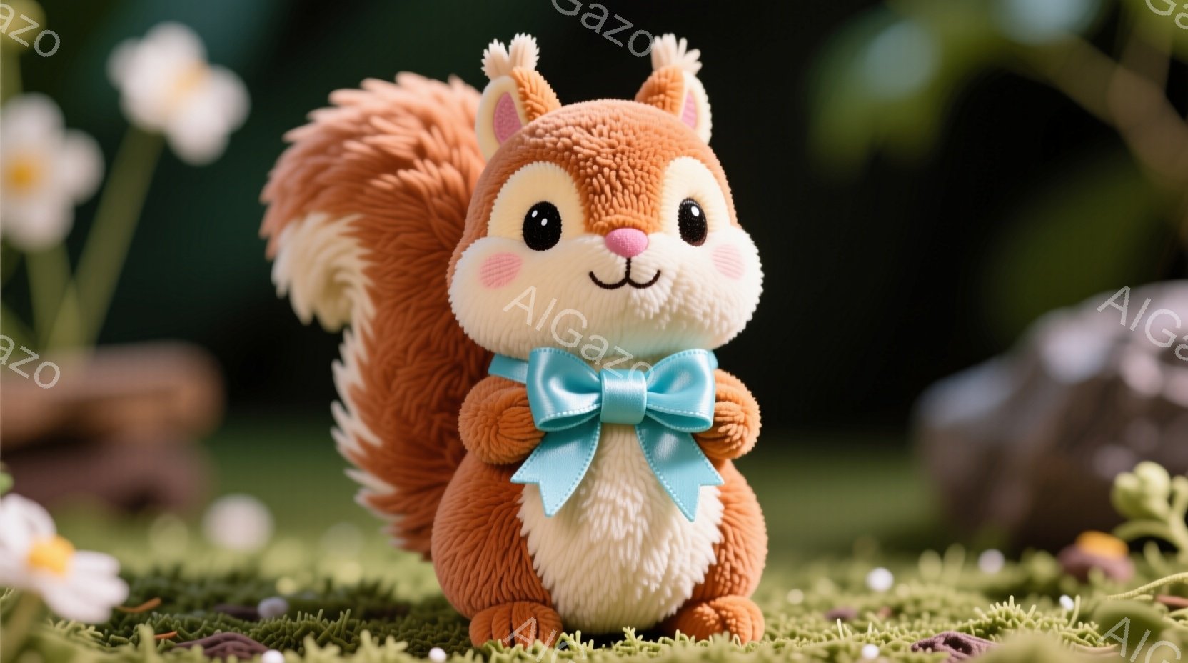鮮やかなオレンジ色のふわふわしたリスが、水色のリボンを胸につけて立っています。背景は緑色の草と白い花で覆われた自然で、まるで妖精の住む世界のような、暖かく、夢幻的な雰囲気です。リスは丸くて可愛らしいフ - AI生成フリー素材