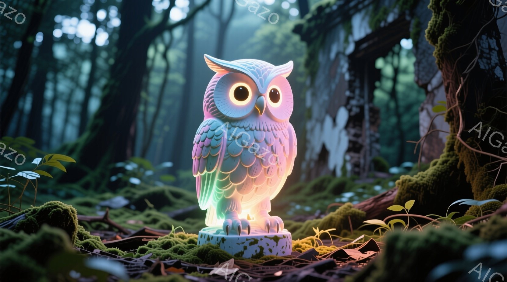 緑豊かな森林の中で、発光するフクロウの置物が佇んでいます。フクロウは虹色に輝き、その眼差しは明るく、周囲の苔むした木々や落ち葉を照らしています。 全体的に幻想的で神秘的な雰囲気が漂い、静寂と彩りが調和 - AI生成フリー素材