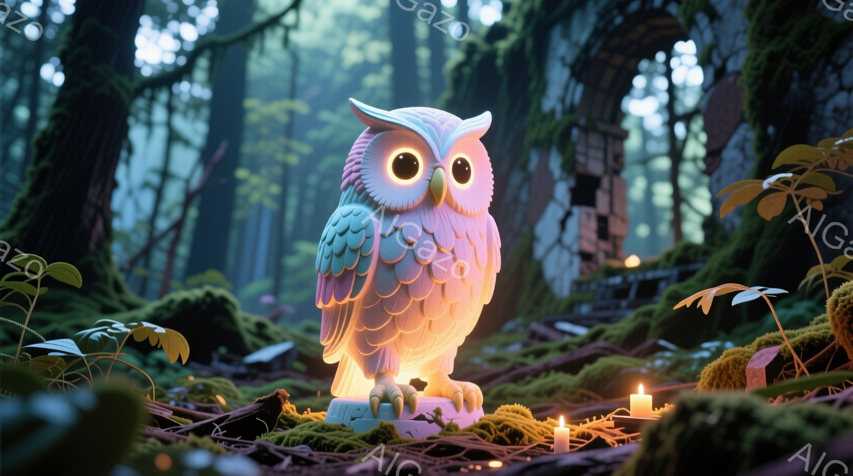明るい緑色の苔と落ち葉で覆われた森の床に、光る彫像のようなフクロウが立っている。フクロウは虹色に輝き、その足元には小さなロウソクがいくつか灯されており、神秘的な雰囲気を醸し出している。背景には、ぼやけ - AI生成フリー素材