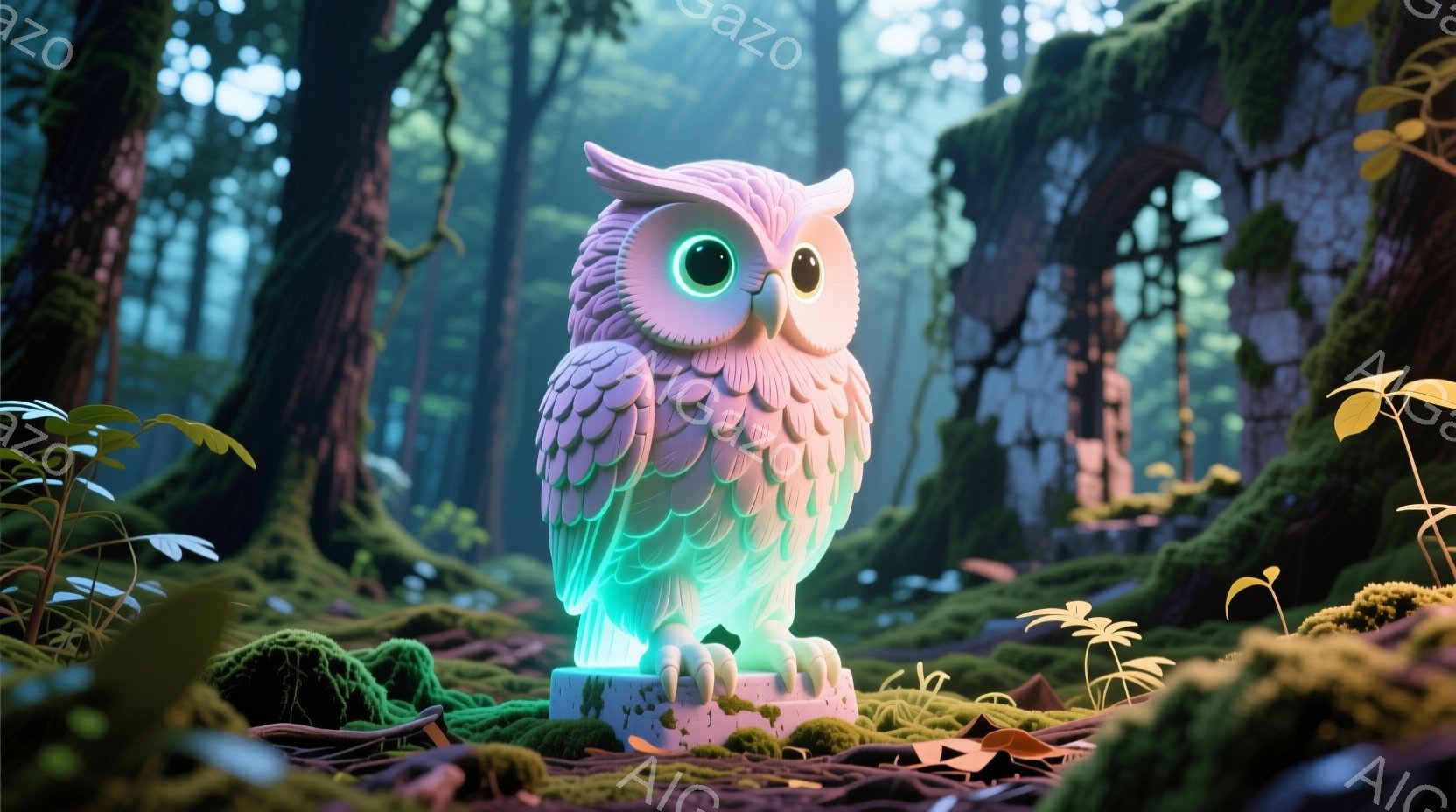 光るフクロウが苔むした台座の上に立っている、幻想的な森の風景です。フクロウはピンクと青のグラデーションで輝き、丸い瞳が印象的です。背景には緑豊かな木々と、かすかに見える遺跡のような構造物があり、神秘的で静謐な雰囲気を醸し出しています。