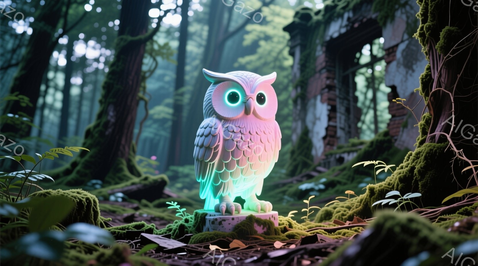 鮮やかな色彩のフクロウが、苔むした森林の中に立っている。周囲にはキノコや植物が生い茂り、背景には崩れかけた建物が見える。全体的に幻想的で、神秘的な雰囲気を醸し出している。