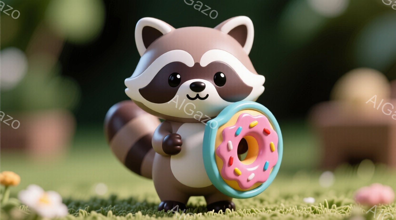 アライグマのキャラクターが、ピンク色のアイシングとカラフルなスプリンクルが施されたドーナツを抱えています。緑色の芝生の上で、幸せそうな表情で正面を見つめており、背景はぼやけた自然の風景です。全体的に明るく、愛らしい雰囲気で、遊園地やテーマパークのキャラクターのような印象を与えます。