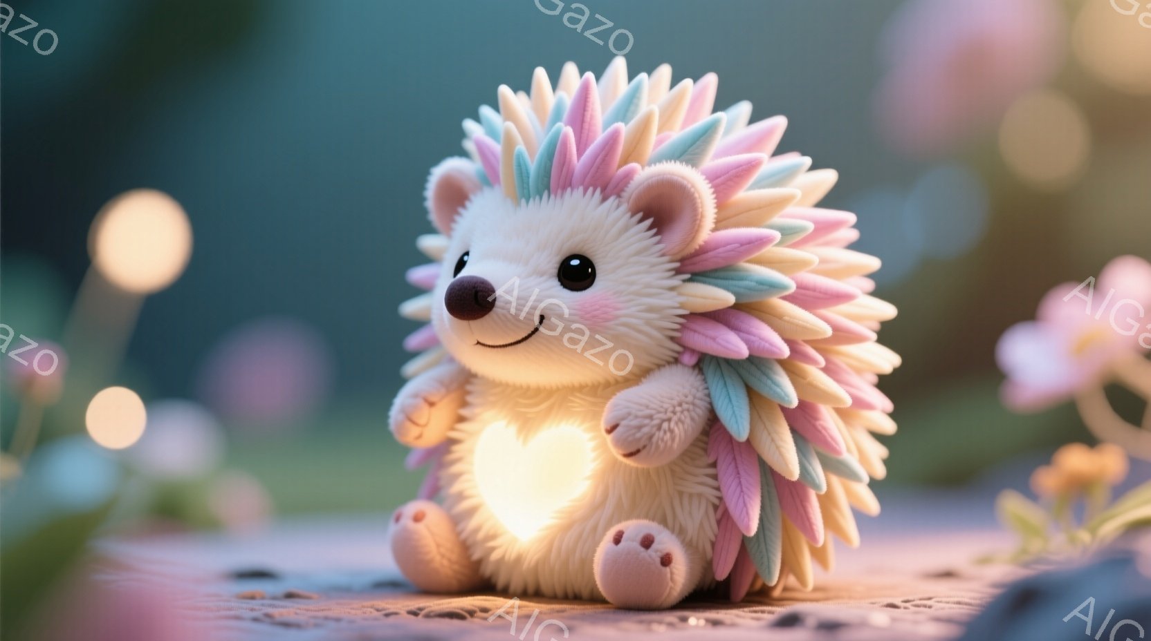 鮮やかなピンク、紫、緑の棘を持つ、かわいらしいハリネズミが描かれています。ハリネズミは前足を組み、お腹のあたりでハート型の光を放っており、暖かく優しい雰囲気です。背景にはぼやけた花々と緑豊かな自然が広 - AI生成フリー素材