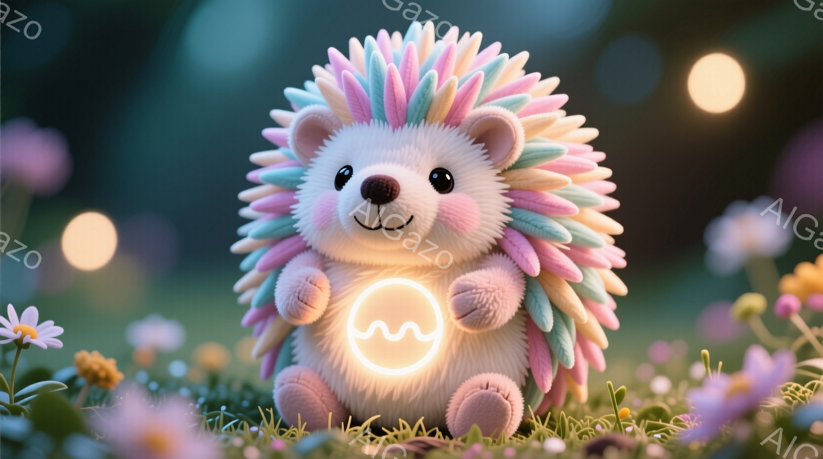 可愛らしいピンク色のハリネズミが、色とりどりのトゲを持ち、花畑の中に座っています。その表情は穏やかで、丸い目と小さな鼻が愛らしい印象を与えます。背景にはぼやけた花々が広がり、幻想的な雰囲気を作り出して - AI生成フリー素材