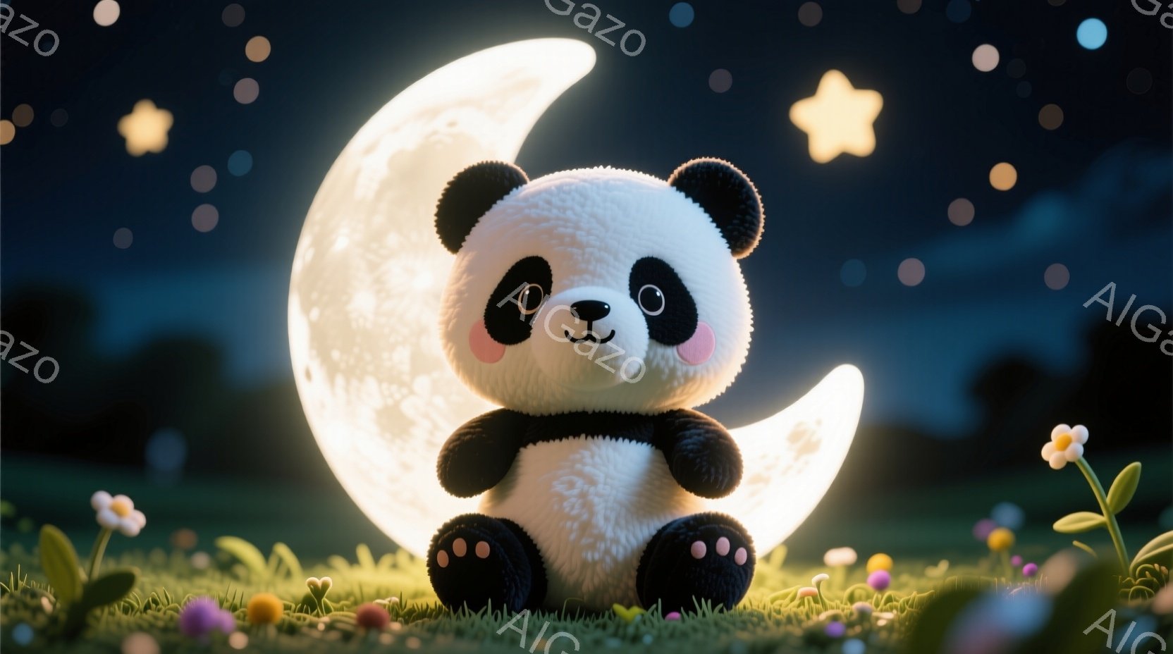 ふわふわのパンダが、明るく輝く三日月を背景に、緑の草の上に座っています。パンダは丸い体をしており、黒い目と鼻、そして可愛らしい表情をしています。周囲には小さな花が咲き乱れ、夜空には星が散りばめられてお - AI生成フリー素材