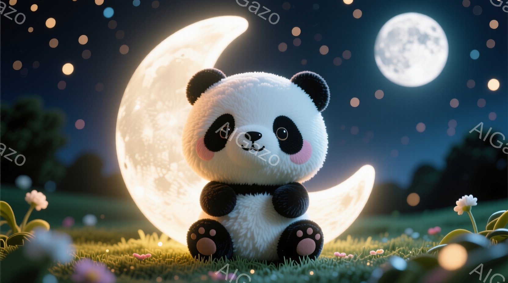 ふわふわのパンダが、明るく輝く三日月の上に座っています。パンダは丸い体で、可愛らしい表情を浮かべ、小さな足で三日月にしがみついています。背景には緑の草が生い茂り、小さな花が咲き乱れ、夜空には無数の星が - AI生成フリー素材