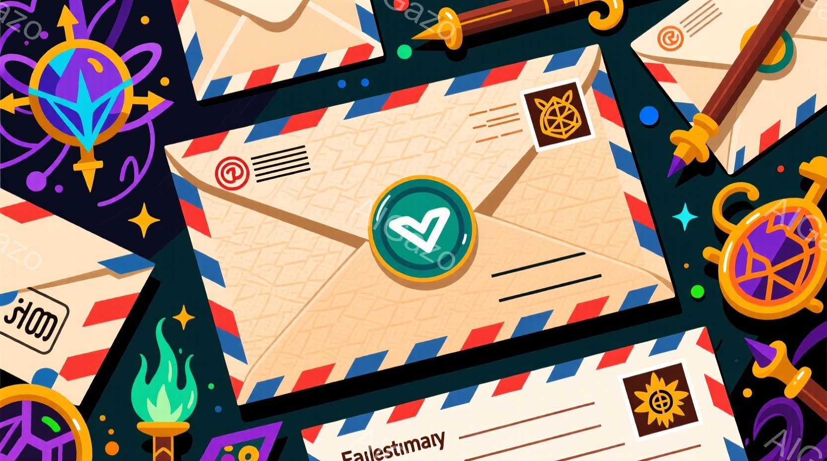 鮮やかな色彩で構成されたイラストで、様々なデザインの封筒や装飾品が組み合わさっています。金色の炎を灯したトーチ、複雑な模様のメダル、そして鳥の羽をモチーフにしたエンブレムなど、多様なモチーフが配置され、活気ある雰囲気を醸し出しています。全体的に、手描きのイラストのような温かみがあり、ファンタジーの世界観を連想させます。