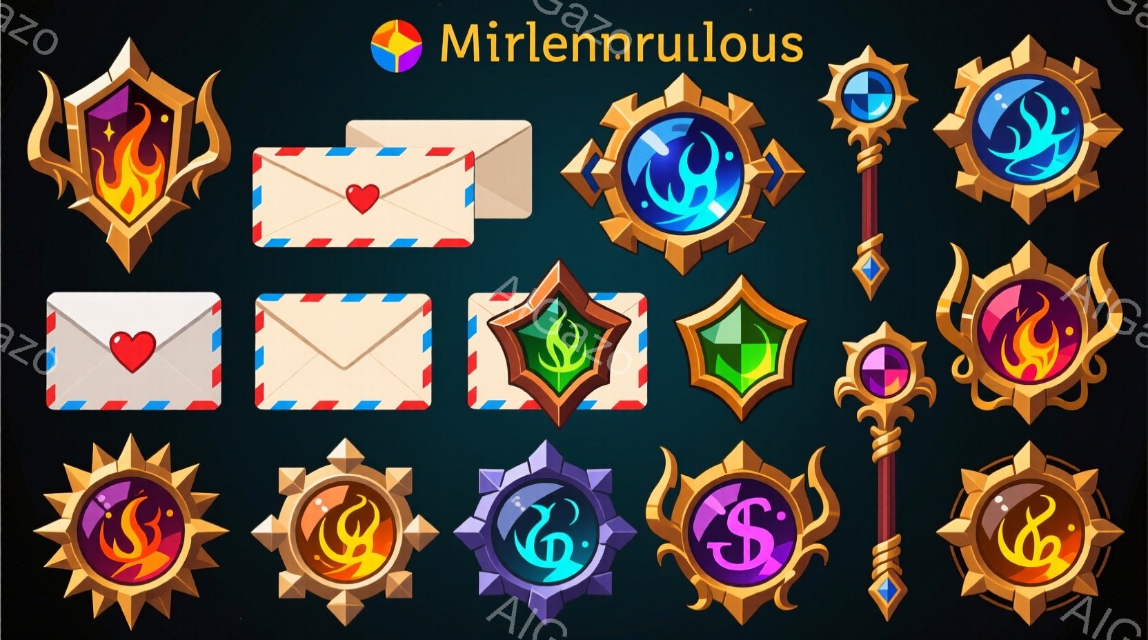 様々なデザインの徽章と手紙、そして杖が並んでいます。徽章は、炎、ハート、植物、魔法のようなシンボルが描かれ、紫、緑、赤、オレンジなどの鮮やかな色で彩られています。手紙は封筒の形をしており、ハートが描かれたものもあります。