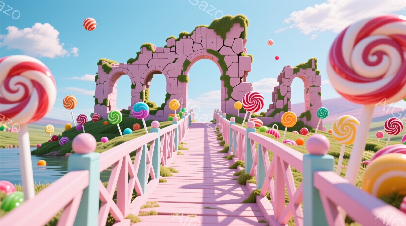 鮮やかな青空の下、ピンク色のアーチが並ぶ島に架かる橋が印象的な風景です。橋の周りや島にはカラフルなキャンディが散りばめられており、夢のような、遊び心に満ちた雰囲気を醸し出しています。背景には穏やかな水 - AI生成フリー素材