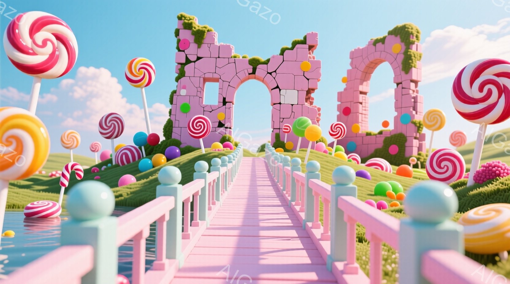 鮮やかなピンク色のアーチ橋が、緑の丘陵地帯を横切って伸びています。橋の周りや丘の上には、色とりどりの大きなキャンディが植えられており、まるで夢のようなお菓子の国を思わせます。青い空と白い雲が背景に広がり、全体的に明るく陽気な雰囲気を醸し出しています。