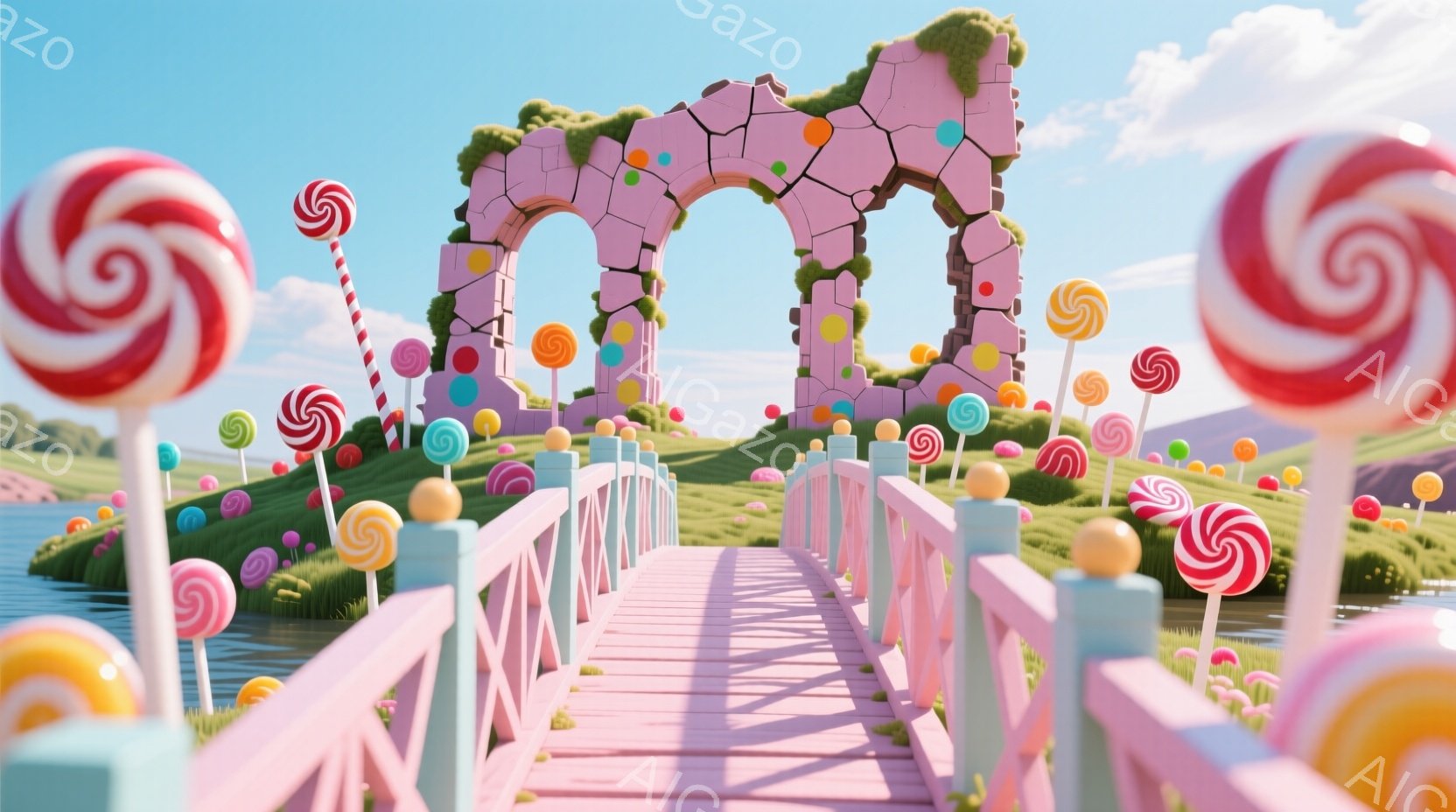 カラフルな巨大なキャンディが草原に点在し、ピンク色のアーチ橋が印象的な風景です。アーチは苔むした石造りで、まるでファンタジー世界の入り口のようです。背景には穏やかな水面と青空が広がり、全体的に夢のような、甘い雰囲気を醸し出しています。