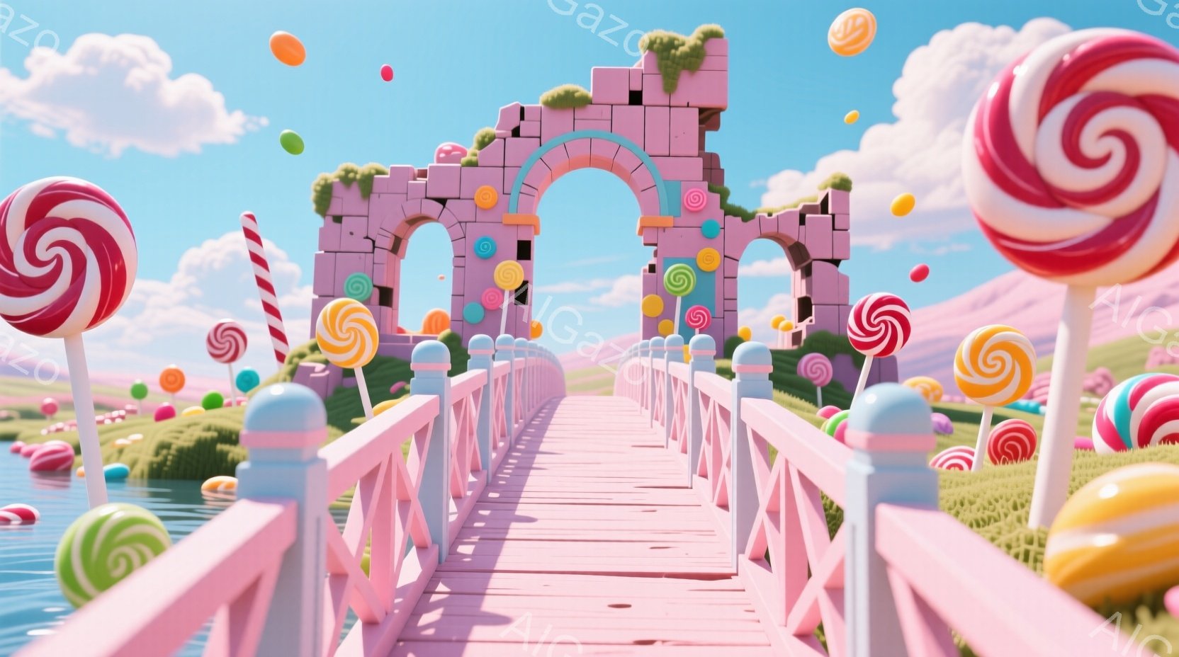 ピンク色の木製の橋が、緑豊かな草原と水路を横断して、キャンディのようなアーチへと続いています。背景には、虹色のキャンディが空中に浮かび、水辺にはさまざまな色のキャンディが点在しており、まるで夢のような世界観を醸し出しています。全体的に明るくカラフルで、遊び心に満ちた、お菓子の国のような雰囲気が漂っています。