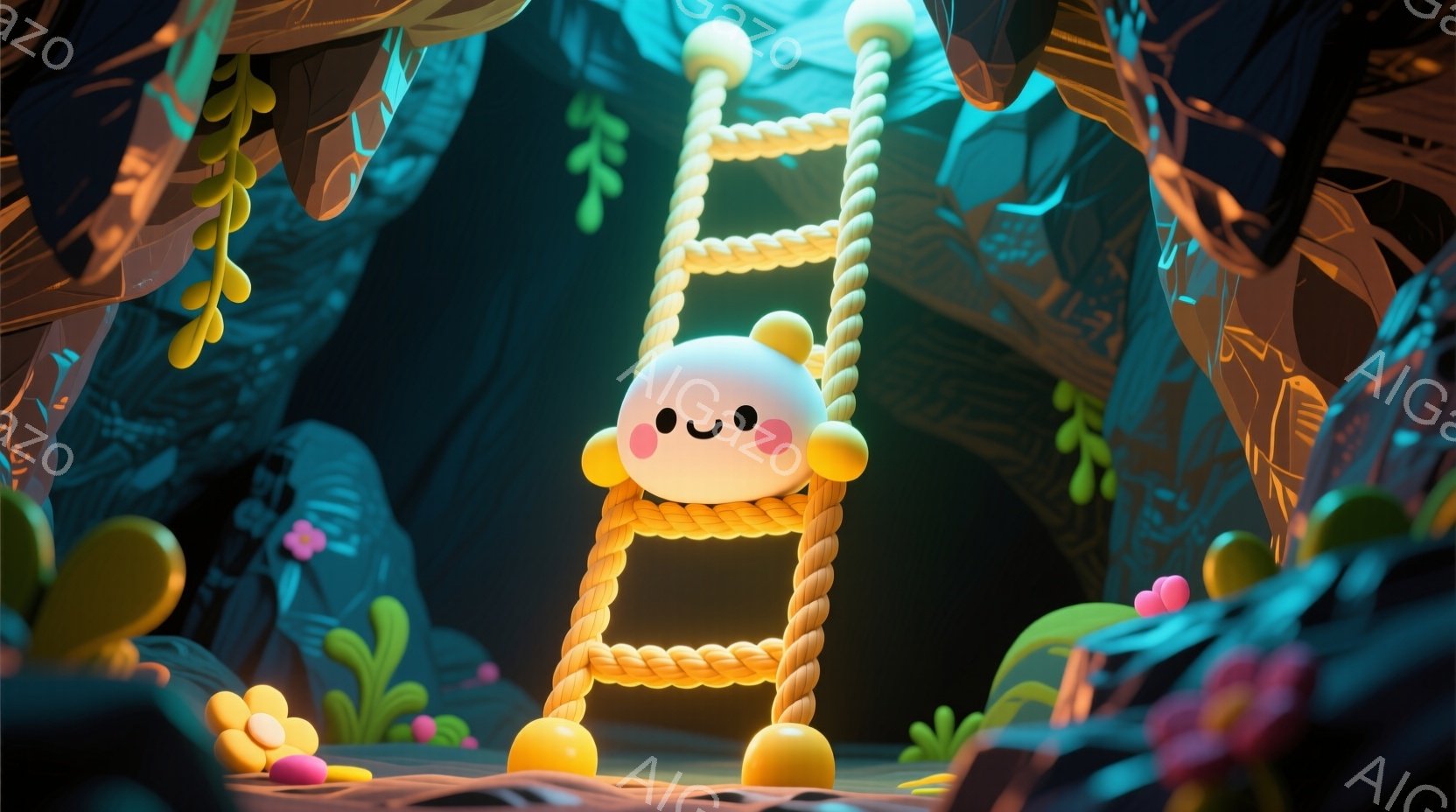 白くて丸いキャラクターが、黄色いロープの梯子を登っています。背景は鮮やかな青と紫の抽象的な地形で、黄色いドット状のオブジェクトや緑色の植物が点在し、ファンタジーのような雰囲気を作り出しています。全体的に、明るくポップな色彩と丸みを帯びた形状が特徴的な、かわいらしいイラストレーションです。